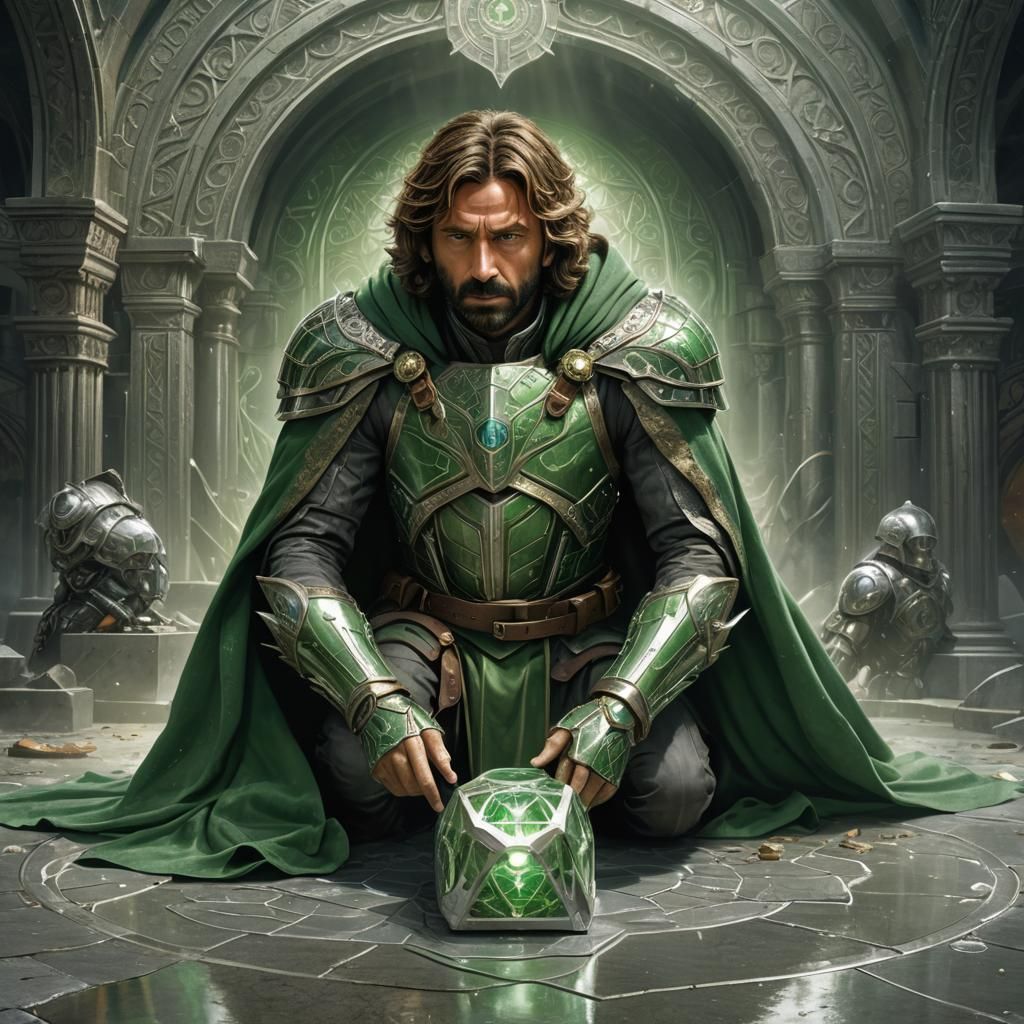 Armored Figure Inspects Device: Digital Concept Art