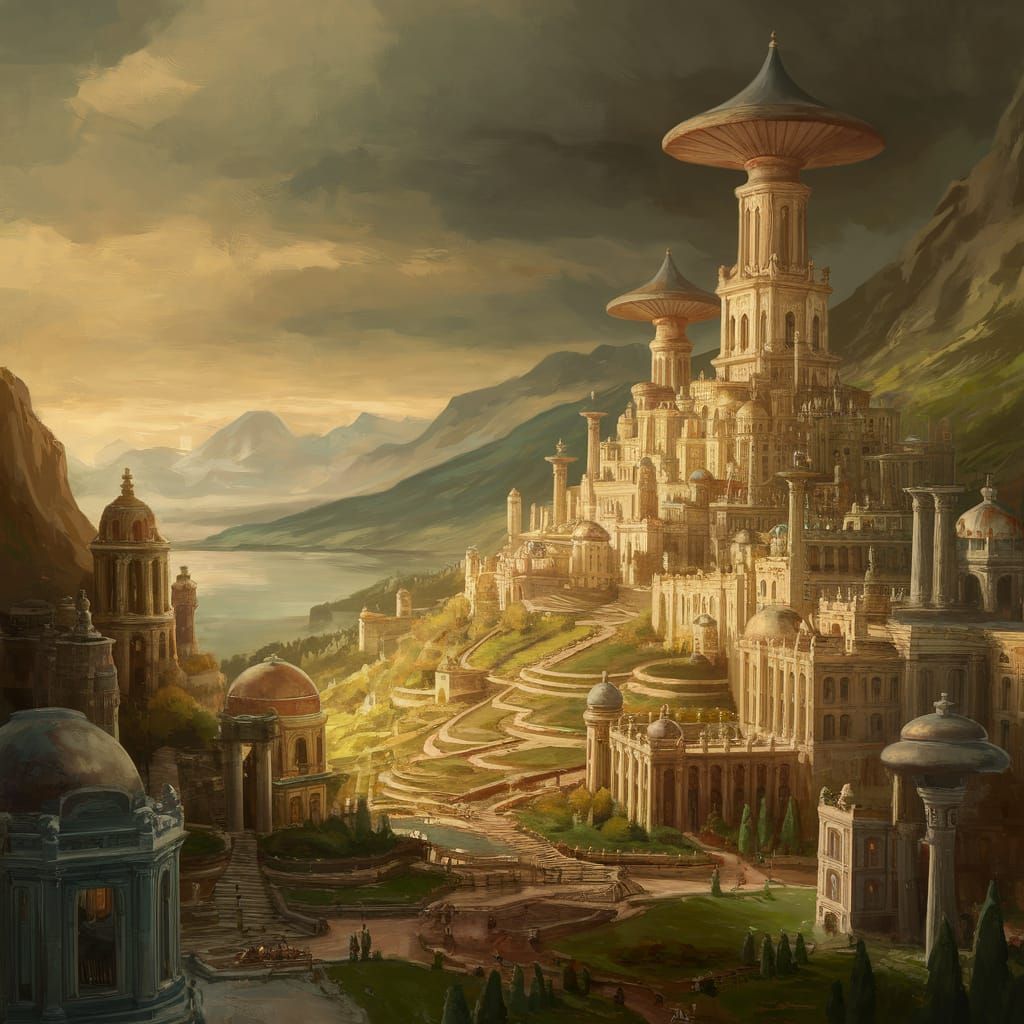 Fantasy City Digital Painting in Romantic Landscape Style