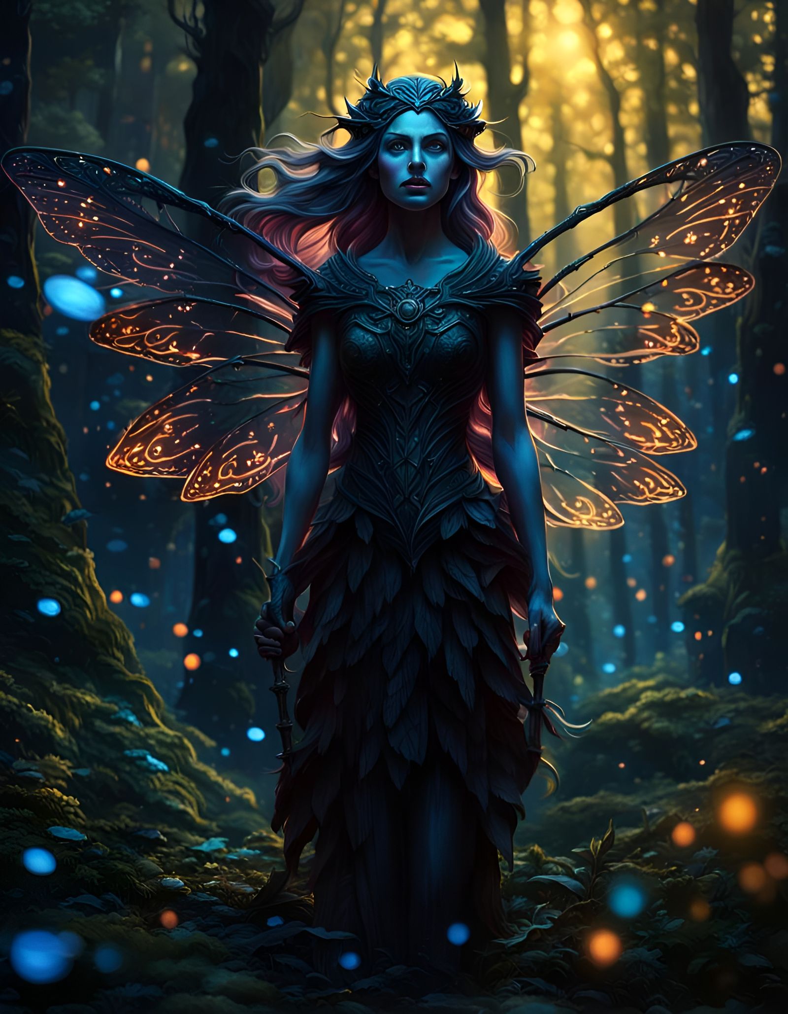 Black Aura Fairy in Magical Forest, Hyperrealistic Art