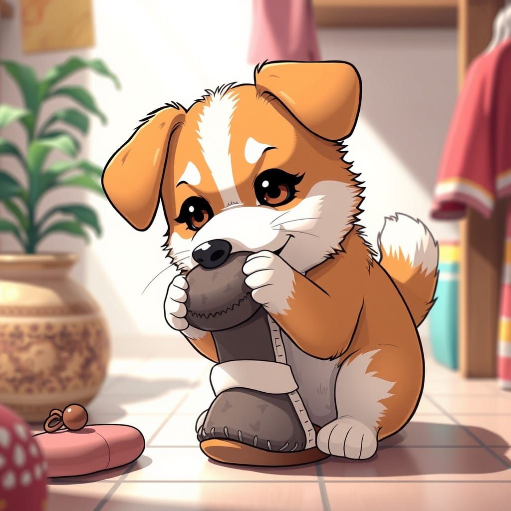 Cute Chibi Anime Dog Chews on a Slipper in 8K Resolution