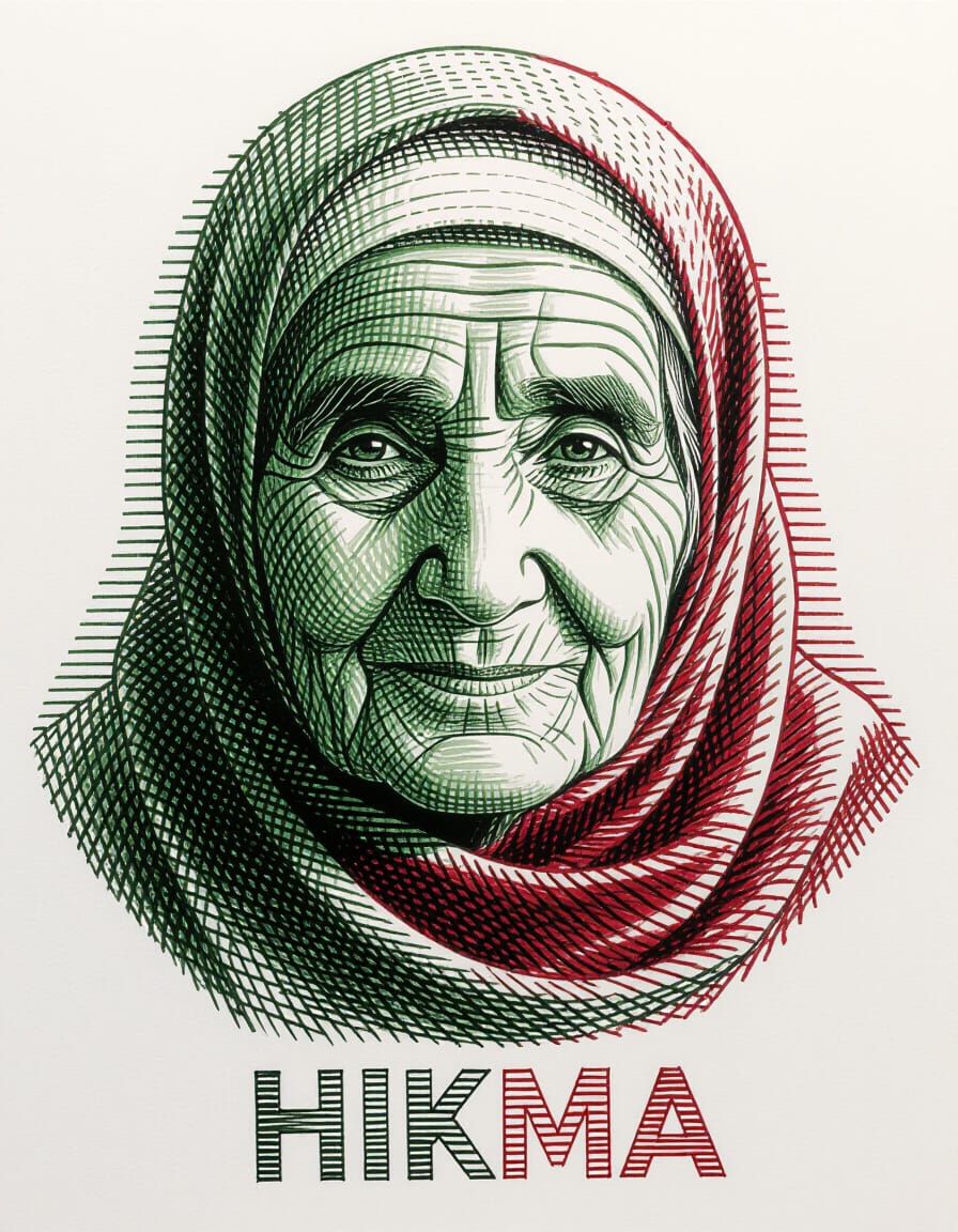 Hikma: Elderly Palestinian Woman Portrait in Hatching Style