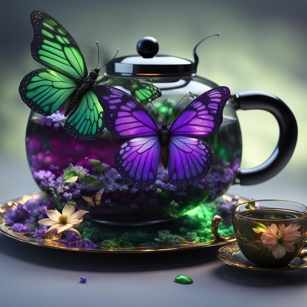 Butterfly and Teapot: Vibrant Digital Art