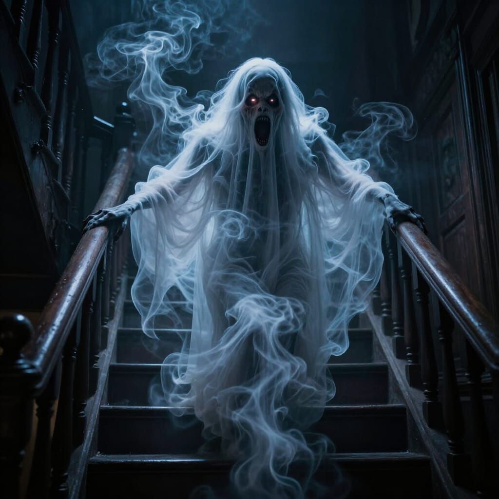 Terrifying Neon Smoke Ghost Descends Haunted Staircase