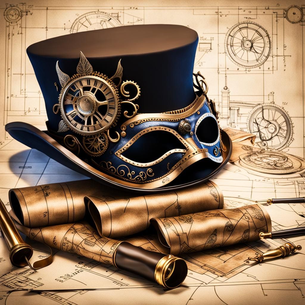 Venetian Mask and Steampunk Hat on Blueprints