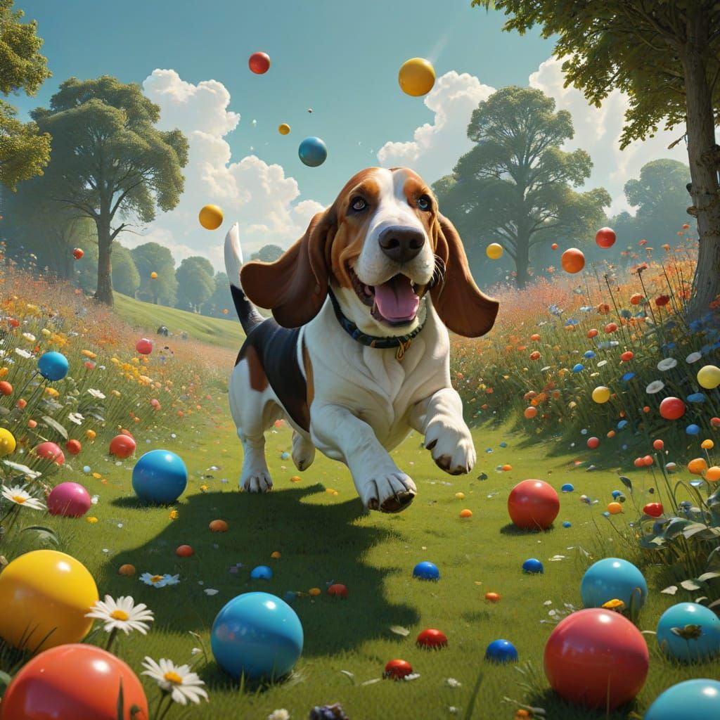 Whimsical Basset Hound Chasing Balls in Meadow