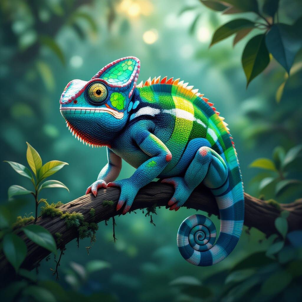 Bioluminescent Chameleon in Alien Rainforest