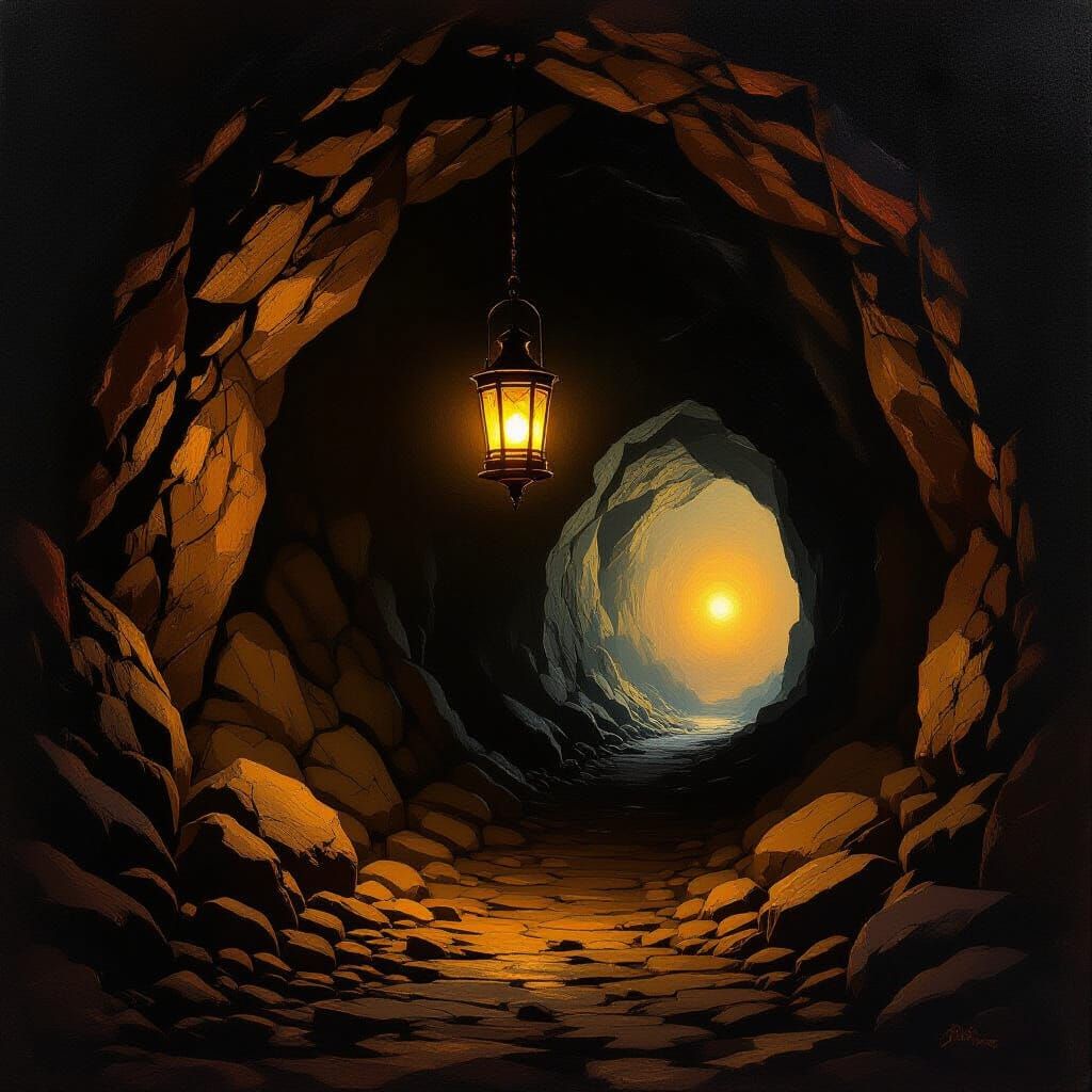 Hopeful Lantern Guides Through Dark Cave Oil Painting