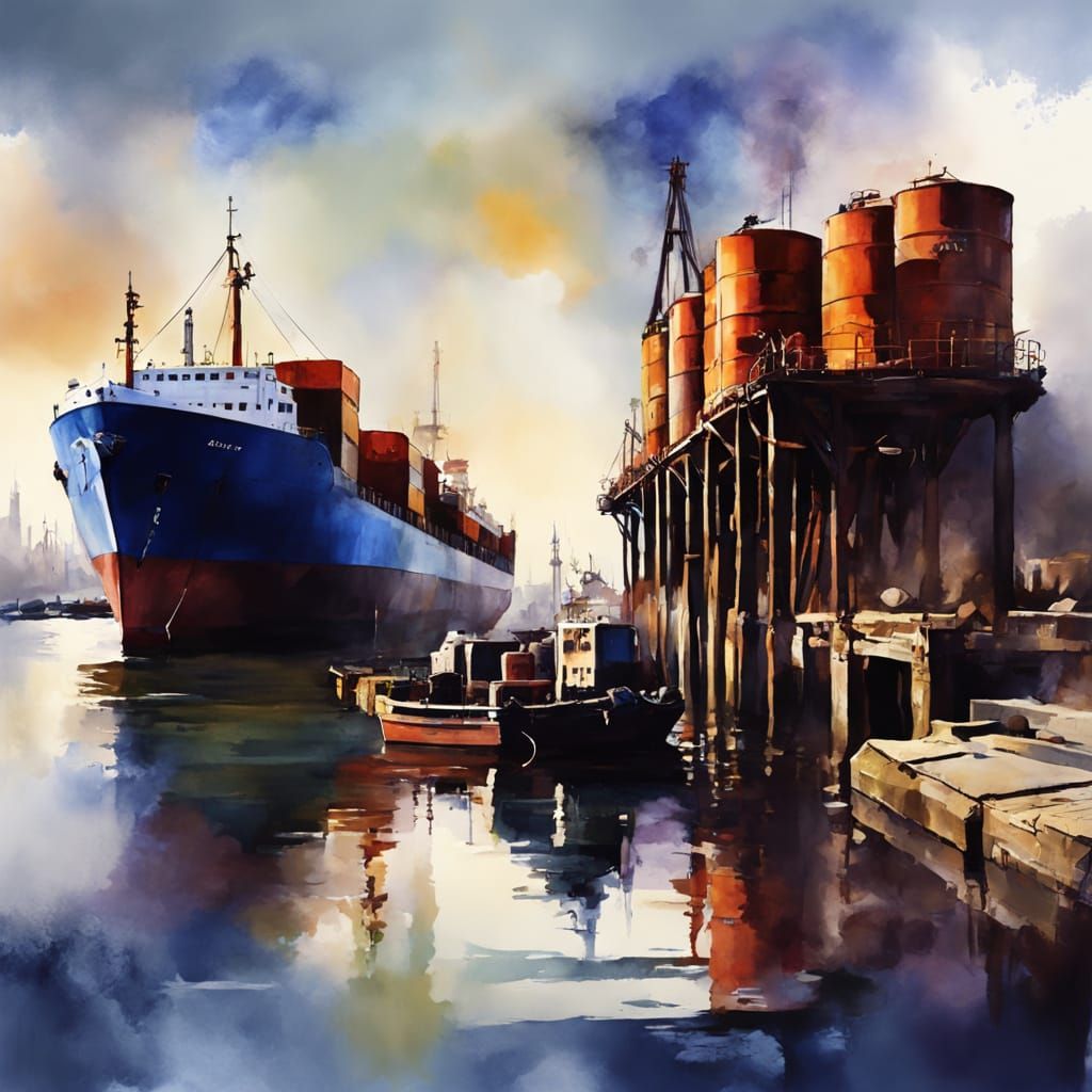 Whimsical Harbour Scene with Freighters