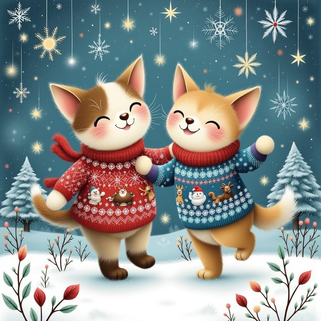 Kittens in Ugly Sweaters Dance in Snowy Landscape