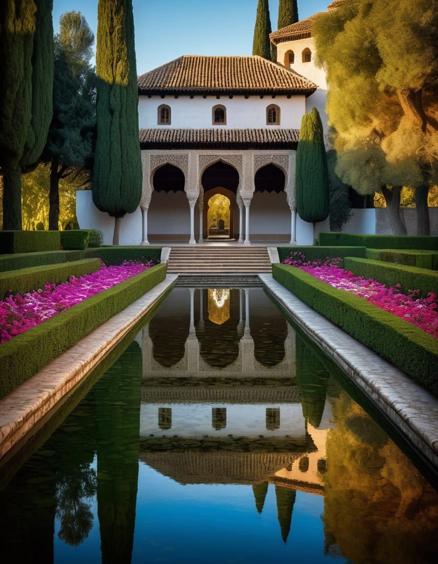 Surreal Spanish Garden Scene at Dusk in Impressionist Style