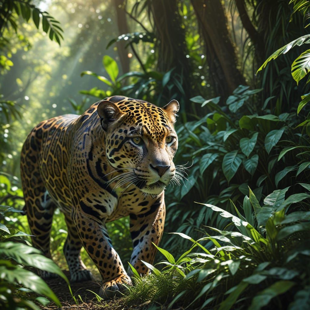 Photorealistic Jaguar Stalking Prey in Jungle