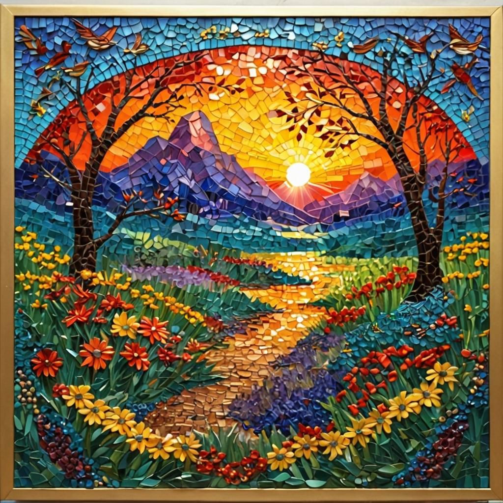 Vibrant Sunset in Pointillist Gemstone Mosaic Style