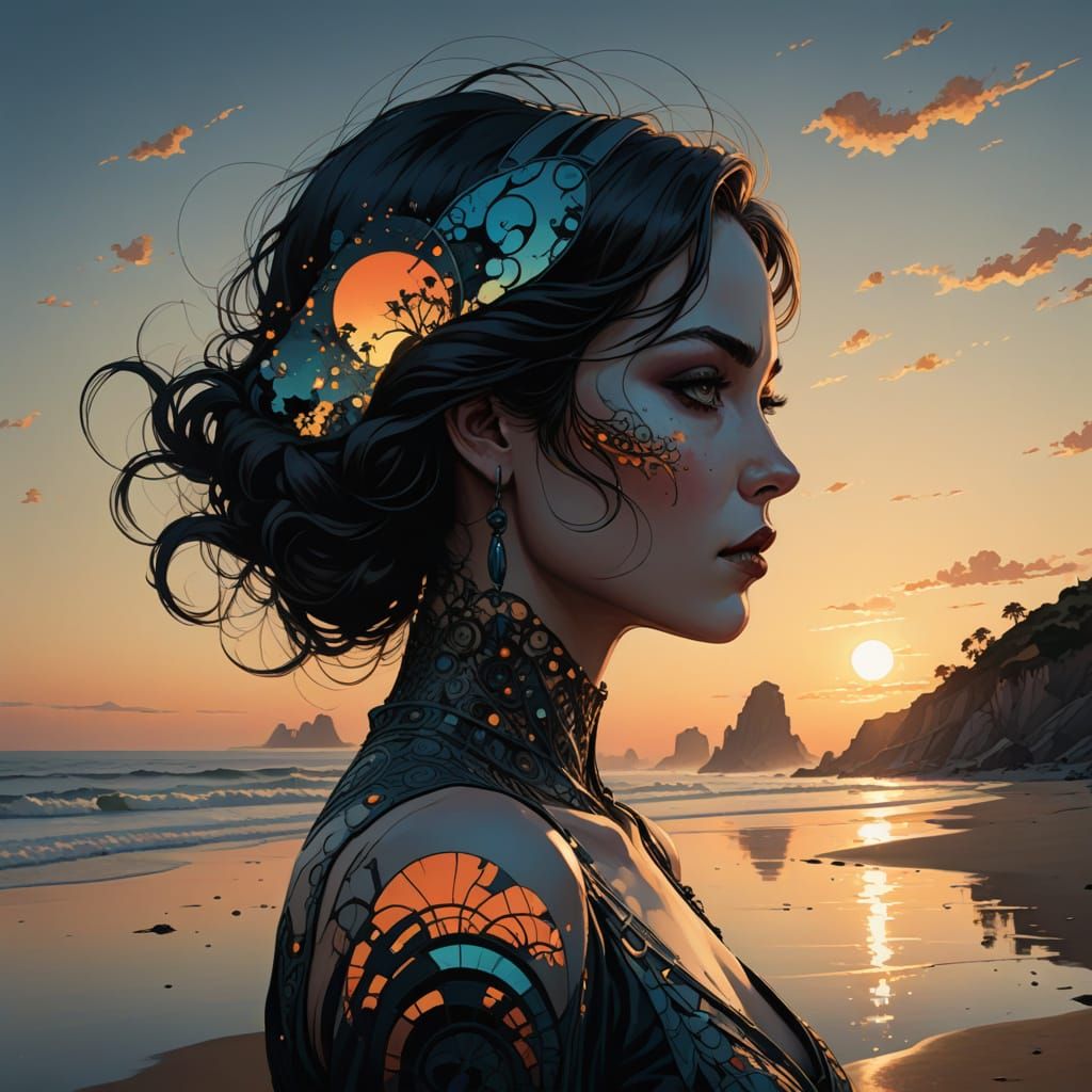 Goddess Silhouette with Sunset Coast in Pulp Art Style