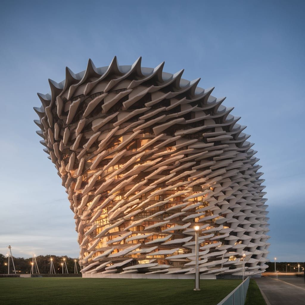 A massive structure blending organic curves with sharp angle...