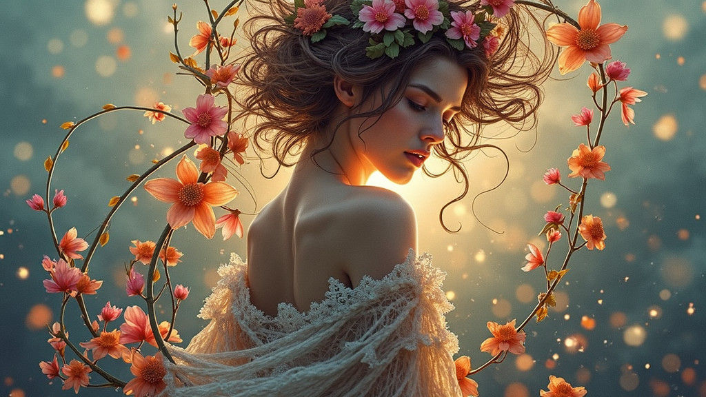Woman with Floral Halo: Hyperrealistic Cinematic Portrait