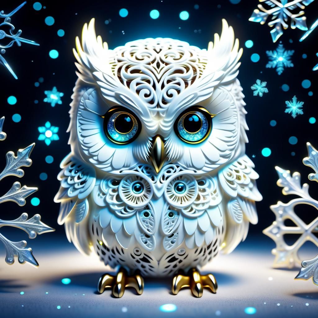 Chibi White Owl with Bioluminescent Eyes