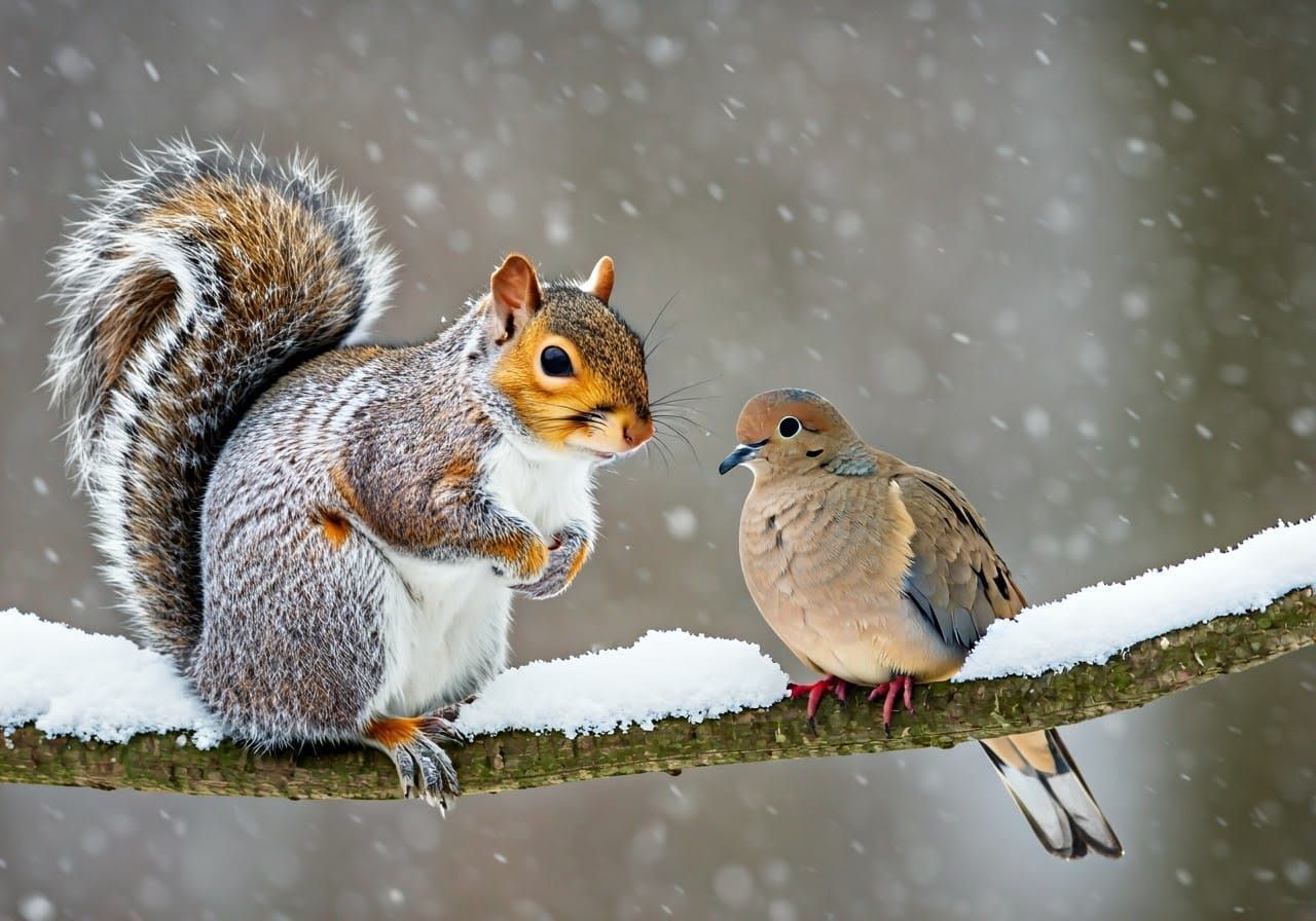 Grey Squirrel Amidst Mourning Doves in Snowy Storm