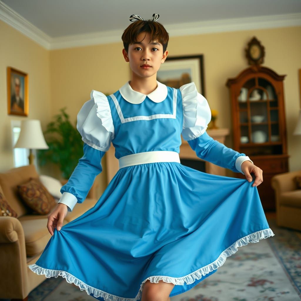 Young Adult Male in Vibrant Blue Maid Uniform, Exposing Knee...