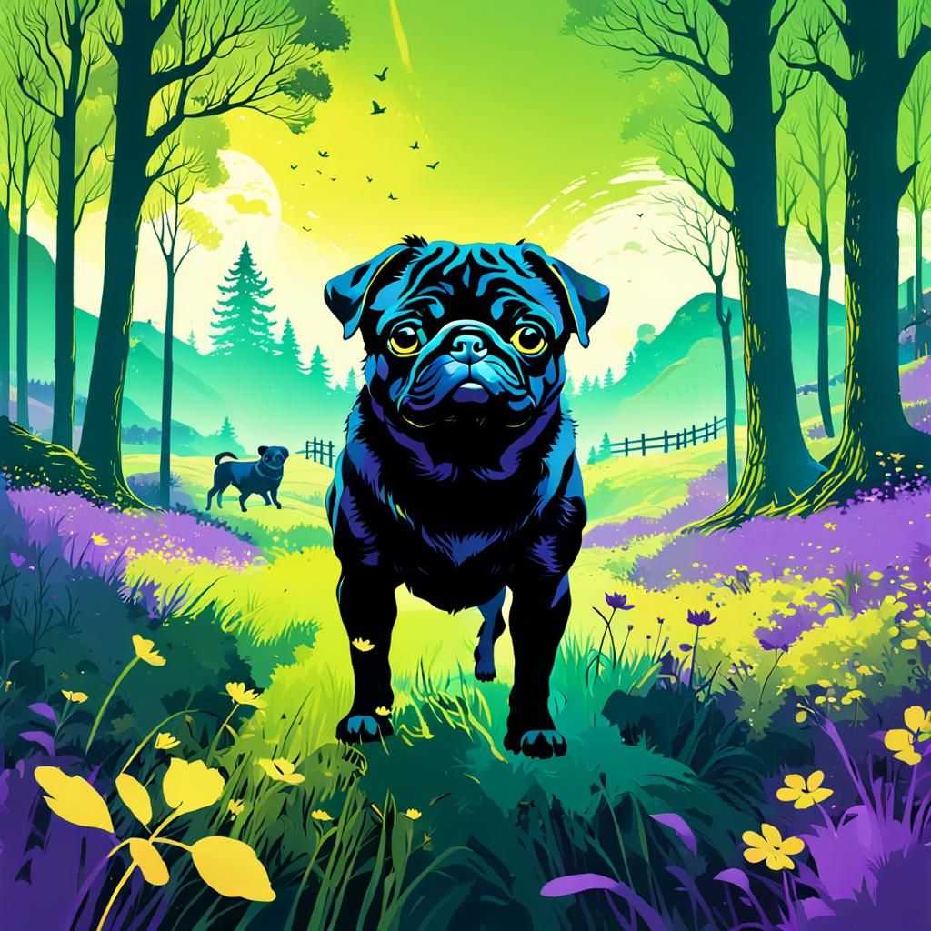 Pug in Romantic Landscape: Fantasy Concept Art