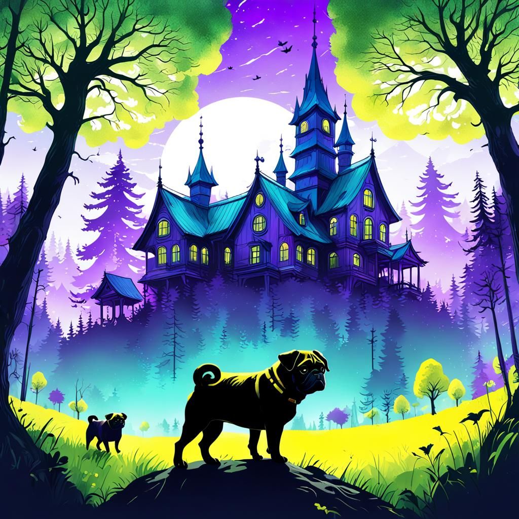 Romantic Fantasy of Pug in Dreamy Landscapes