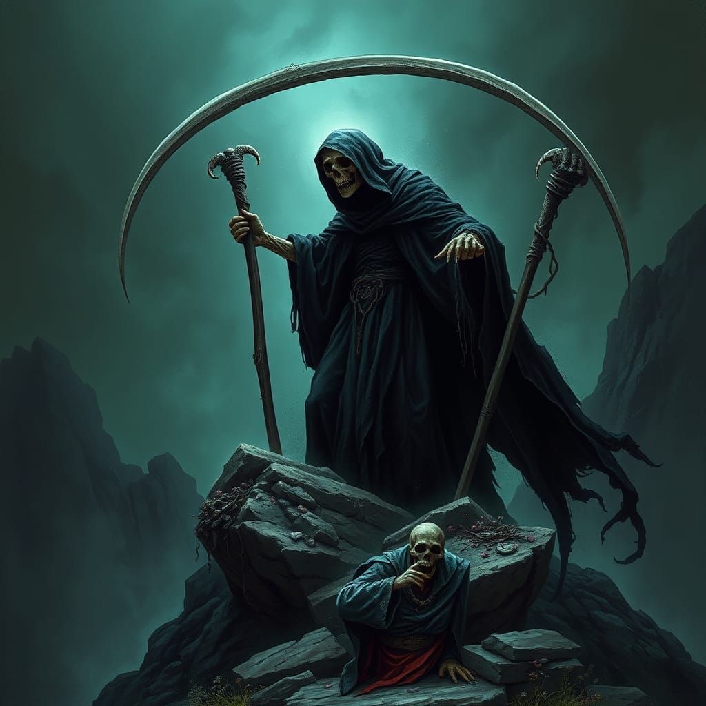Grim Reaper Surveys Doomed Sinners in Gothic Horror Style