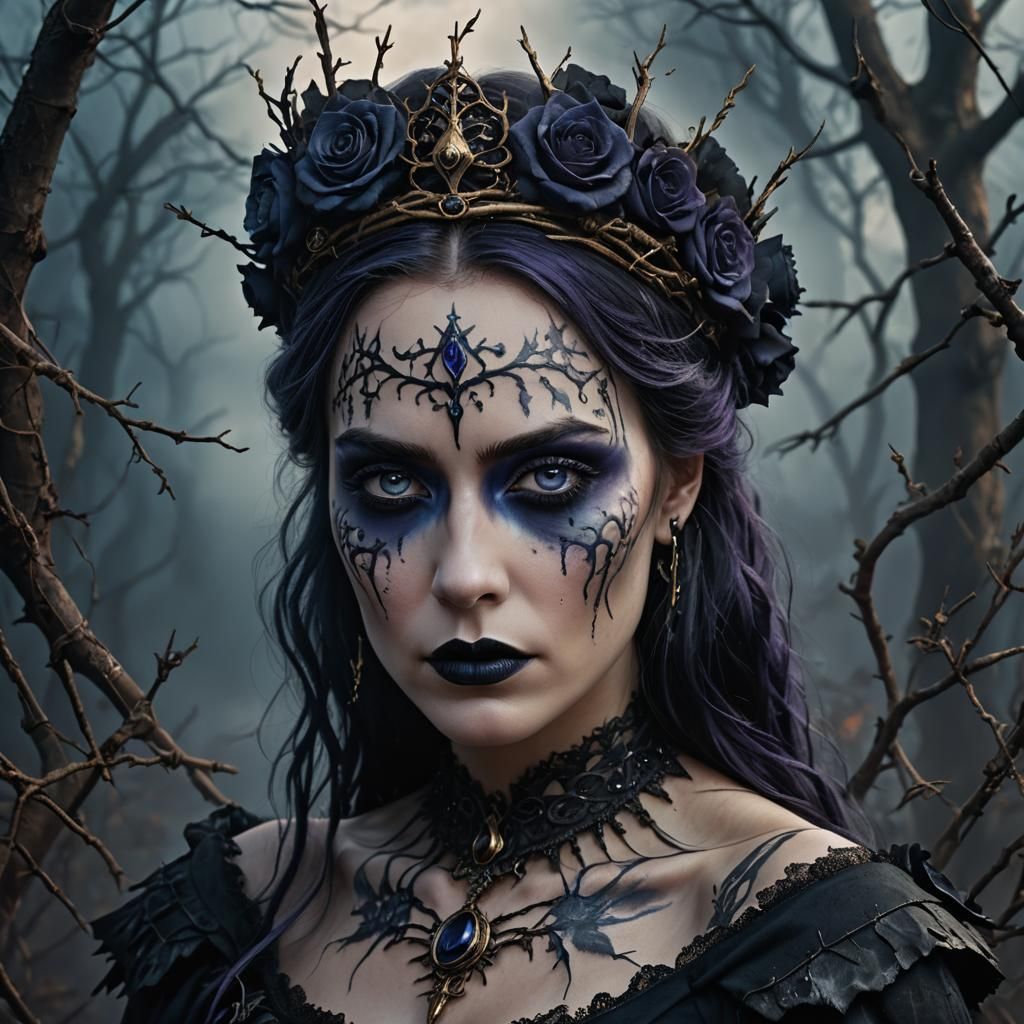 Gothic Queen Portrait with Rune Tattoos and Roses