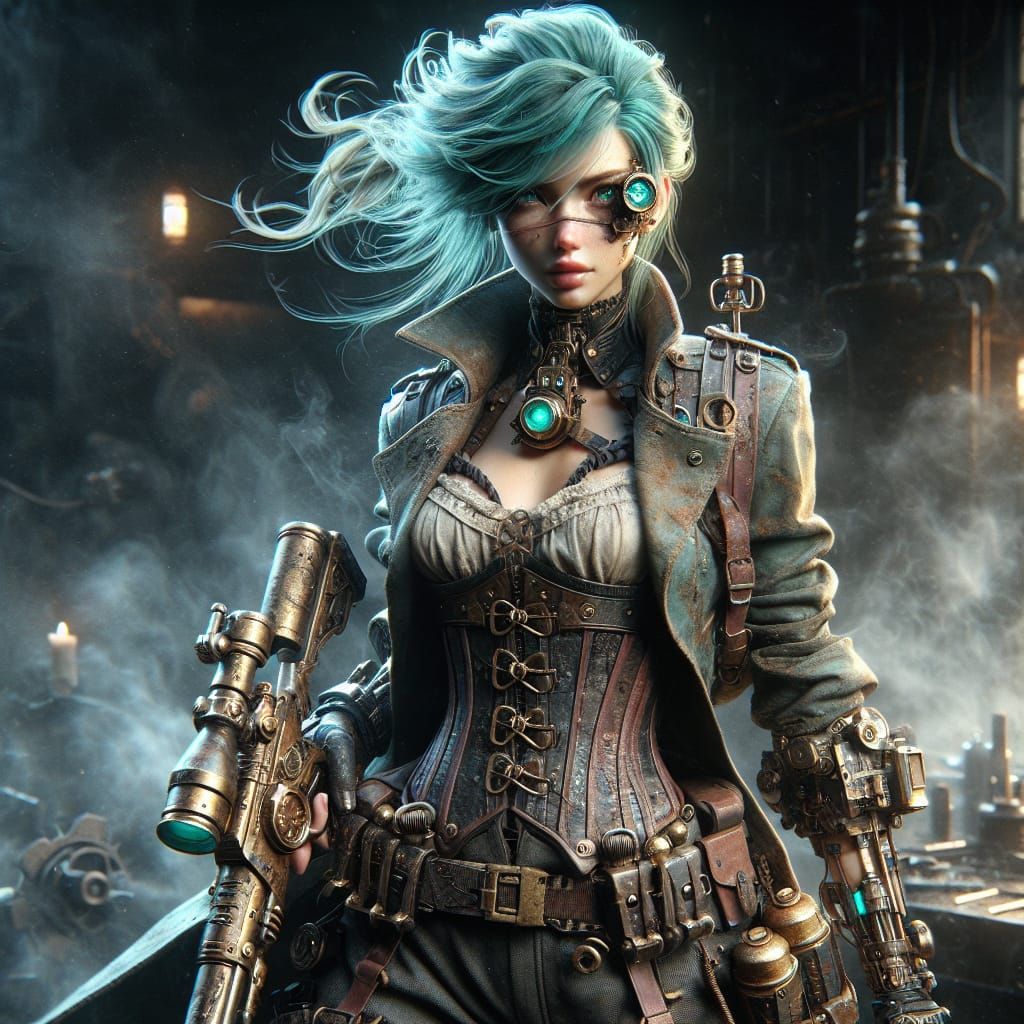 Steampunk Villain with Teal Hair and Mechanical Monocle