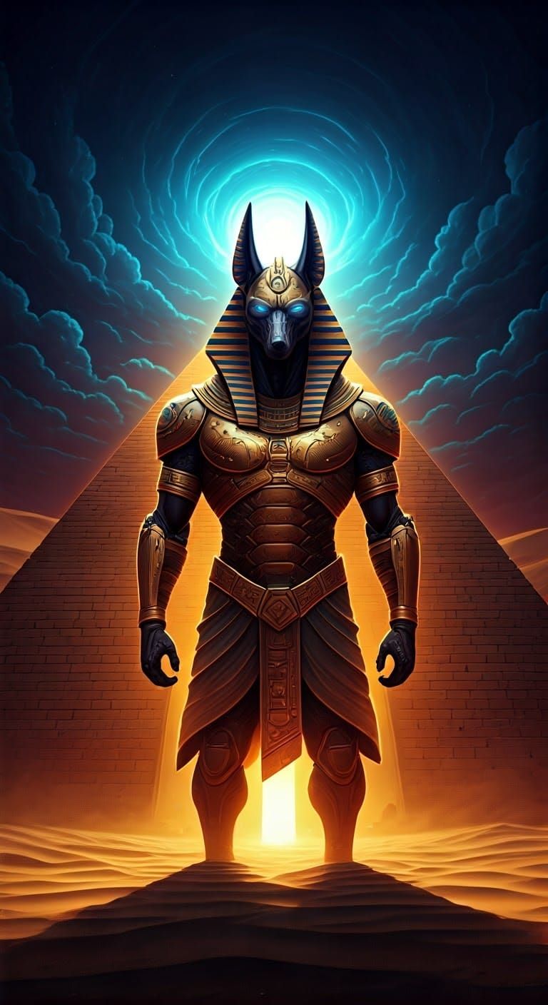 Cyberpunk Anubis Guarding Ancient Pyramid
