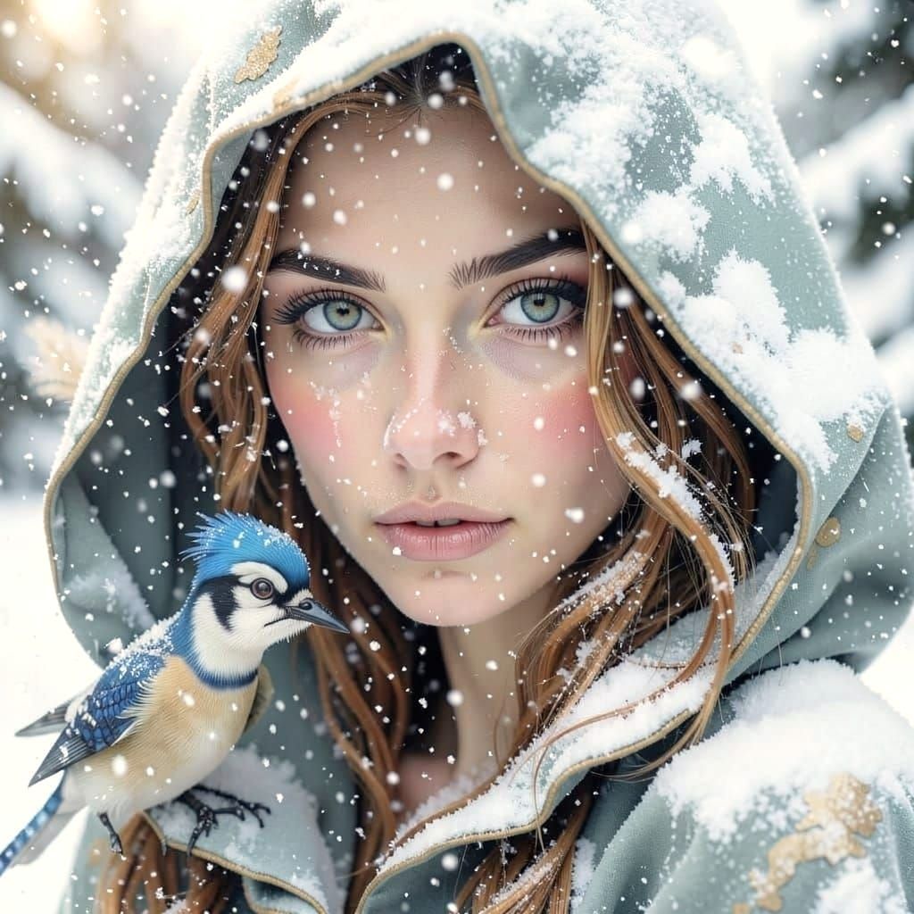 Elven Woman with Blue Jay Feather, Ink Portrait