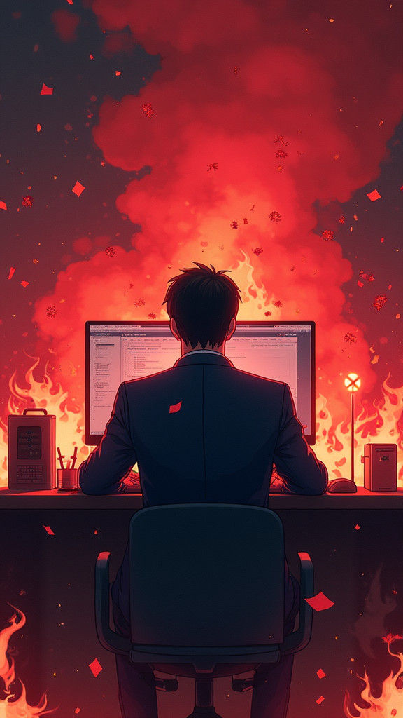 Serene Executive in Chaotic Anime Office Scene