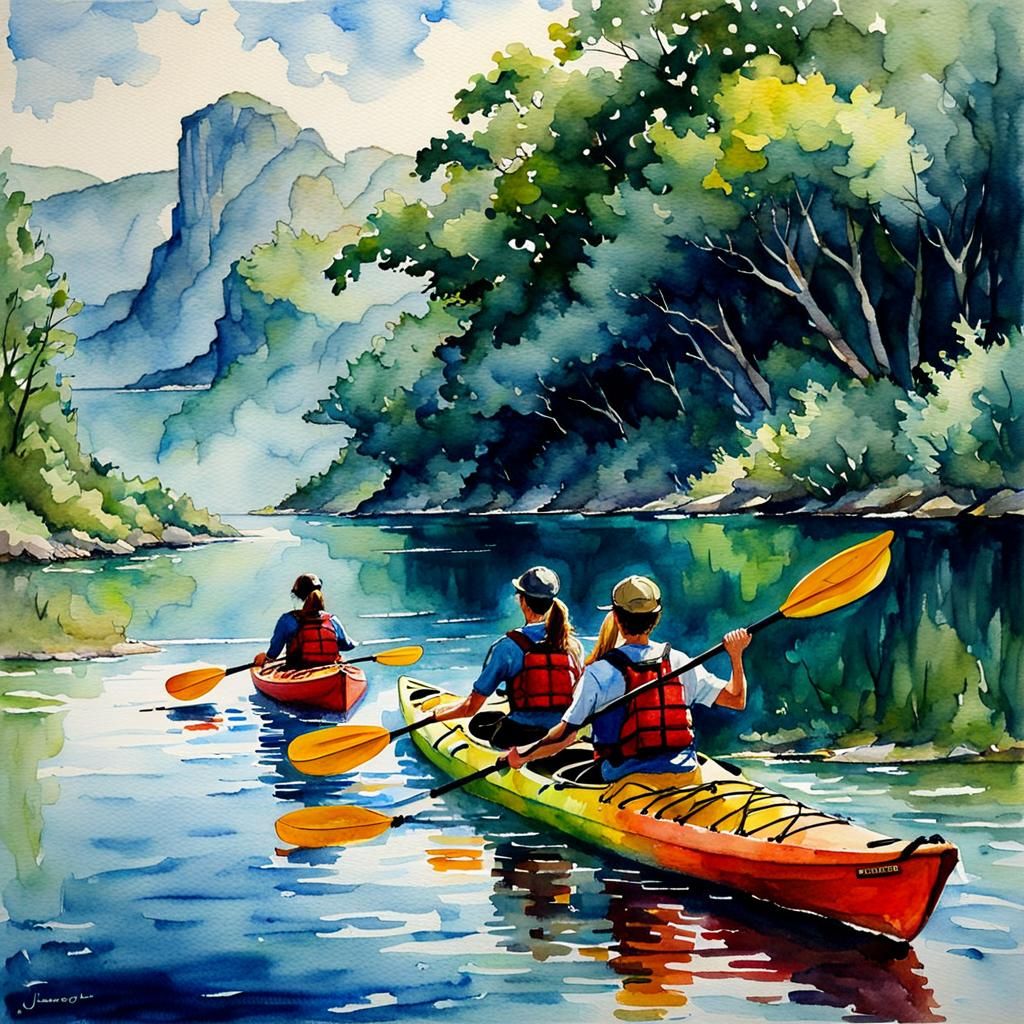 Children Kayaking in Watercolor Style