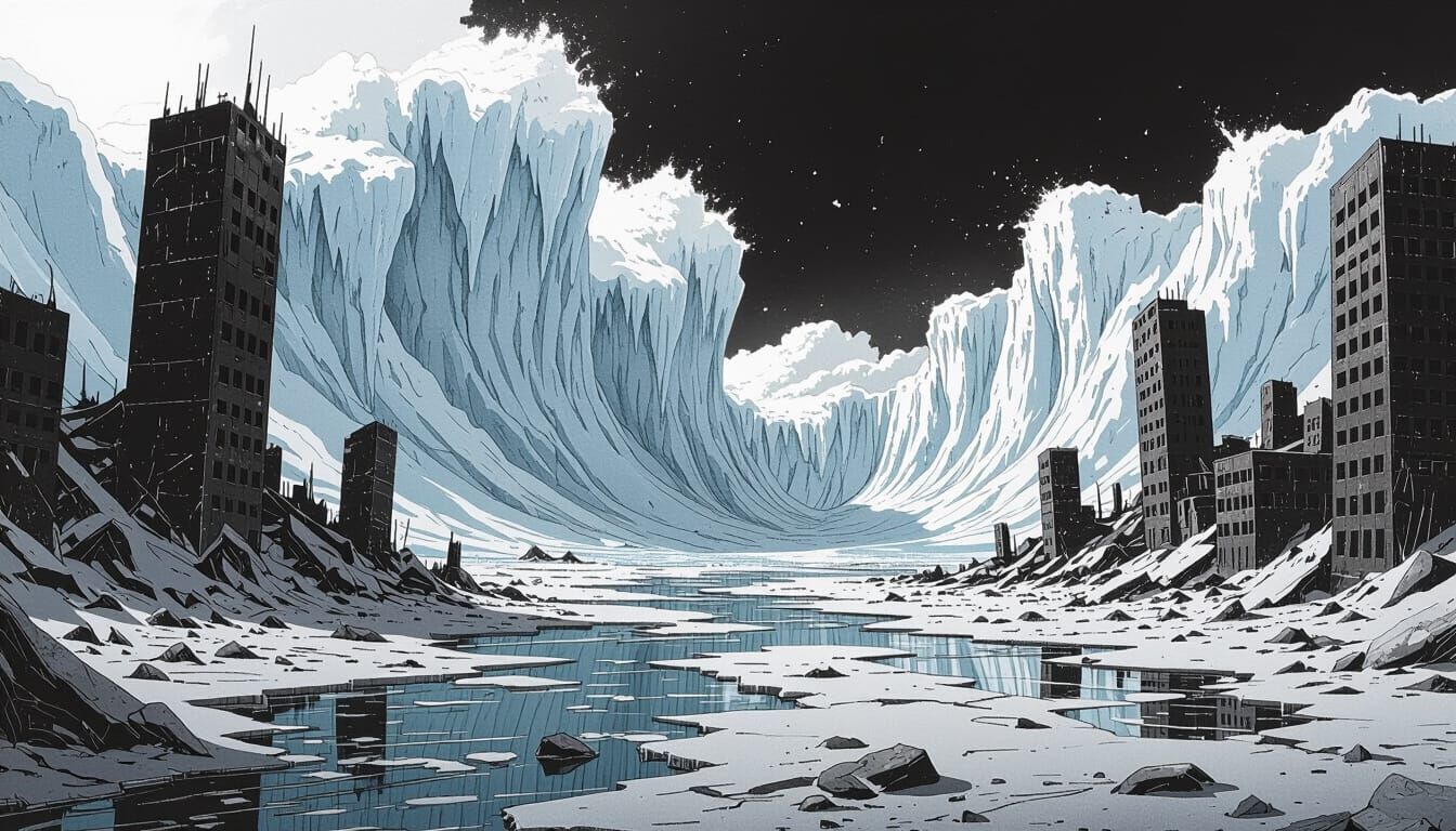 Frozen Tsunami Overwhelms Brutalist Cityscape