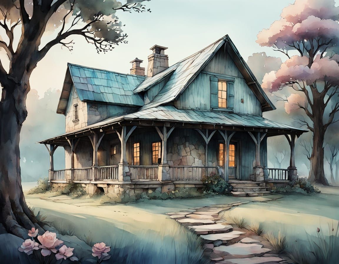 Rustic Farmhouse in Alcohol Ink Watercolor