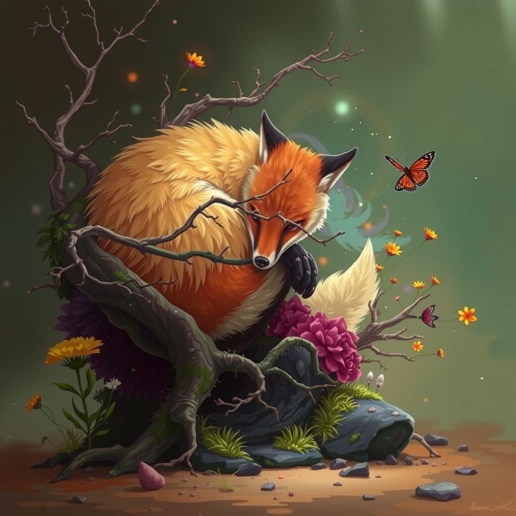 Serene Dreamy Fox in Vibrant Enchanted Forest