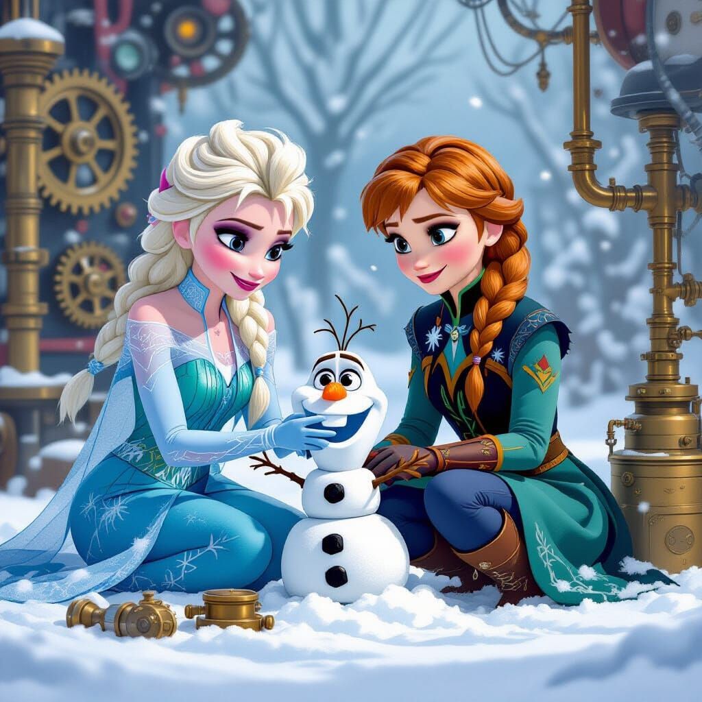 Elsa and Anna Build Olaf in Steampunk Style
