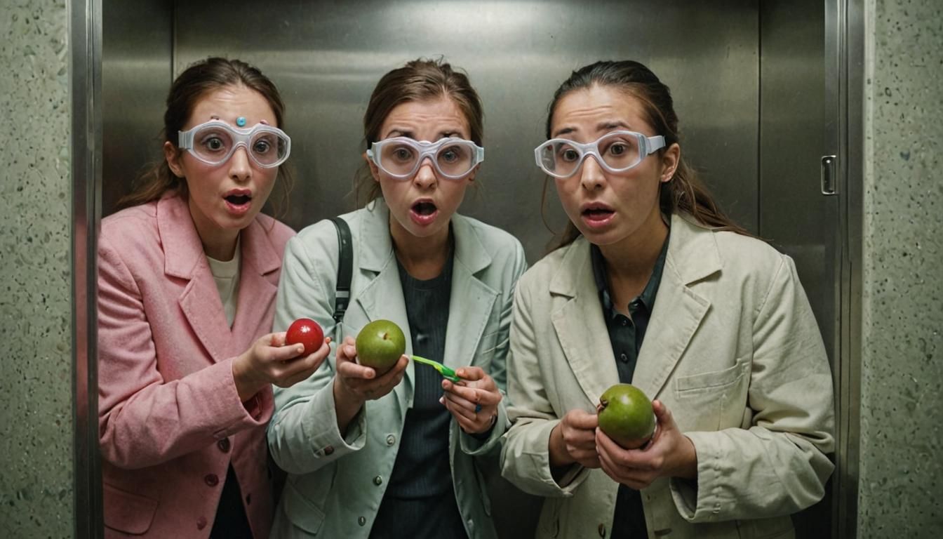 People Investigate Fruit in Elevator, Cinematic Still