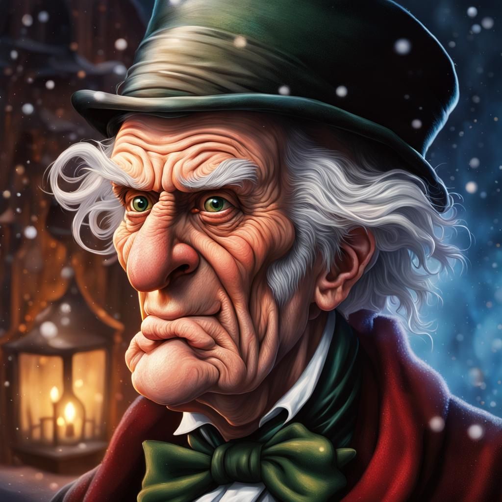 Hyperrealistic Ebeneezer Scrooge Portrait with Colorful Acce...
