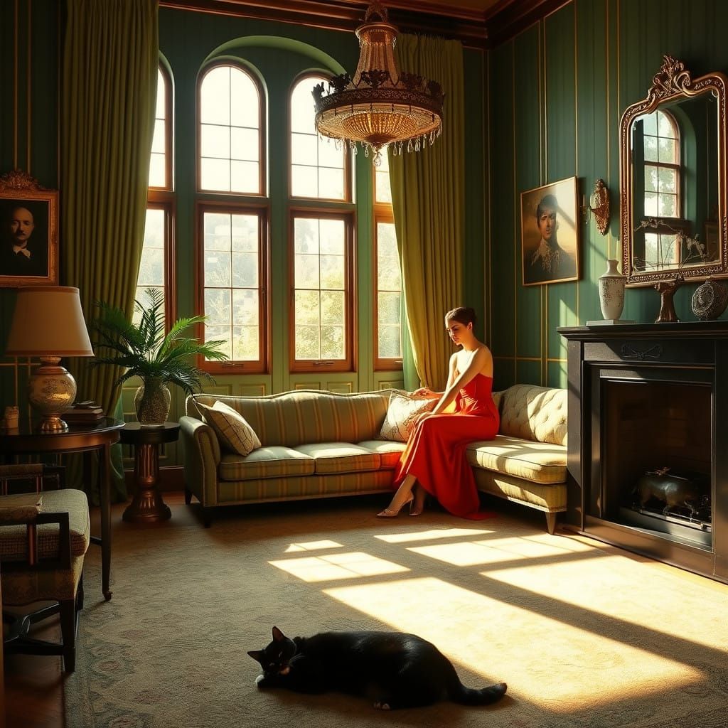 Vibrant Art Deco Interior with a Lady in Sunlight, Golden Ra...