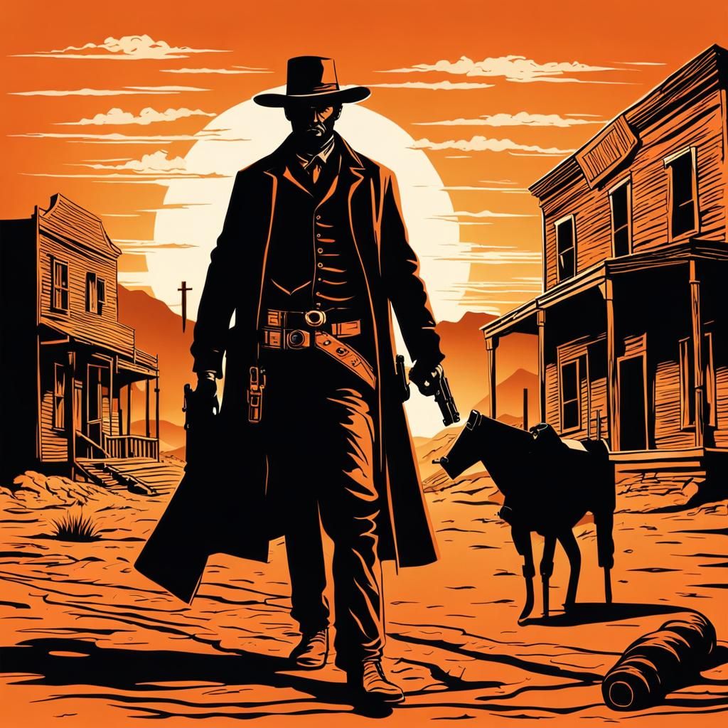 Old West Gunfighter Silhouette in Ghost Town Sunset
