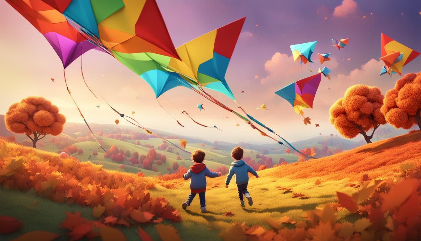 Children Fly Kites on Autumn Hill: 3D Rendered Art