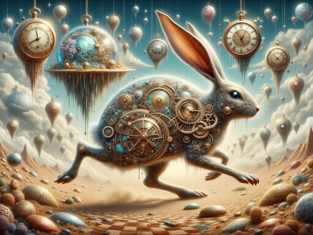 Clockwork Rabbit in Surreal Desert Landscape