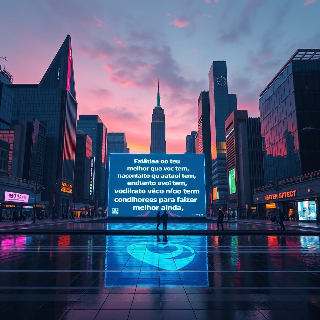 Hopeful Futuristic Cityscape at Dusk with Neon Lights and Ho...