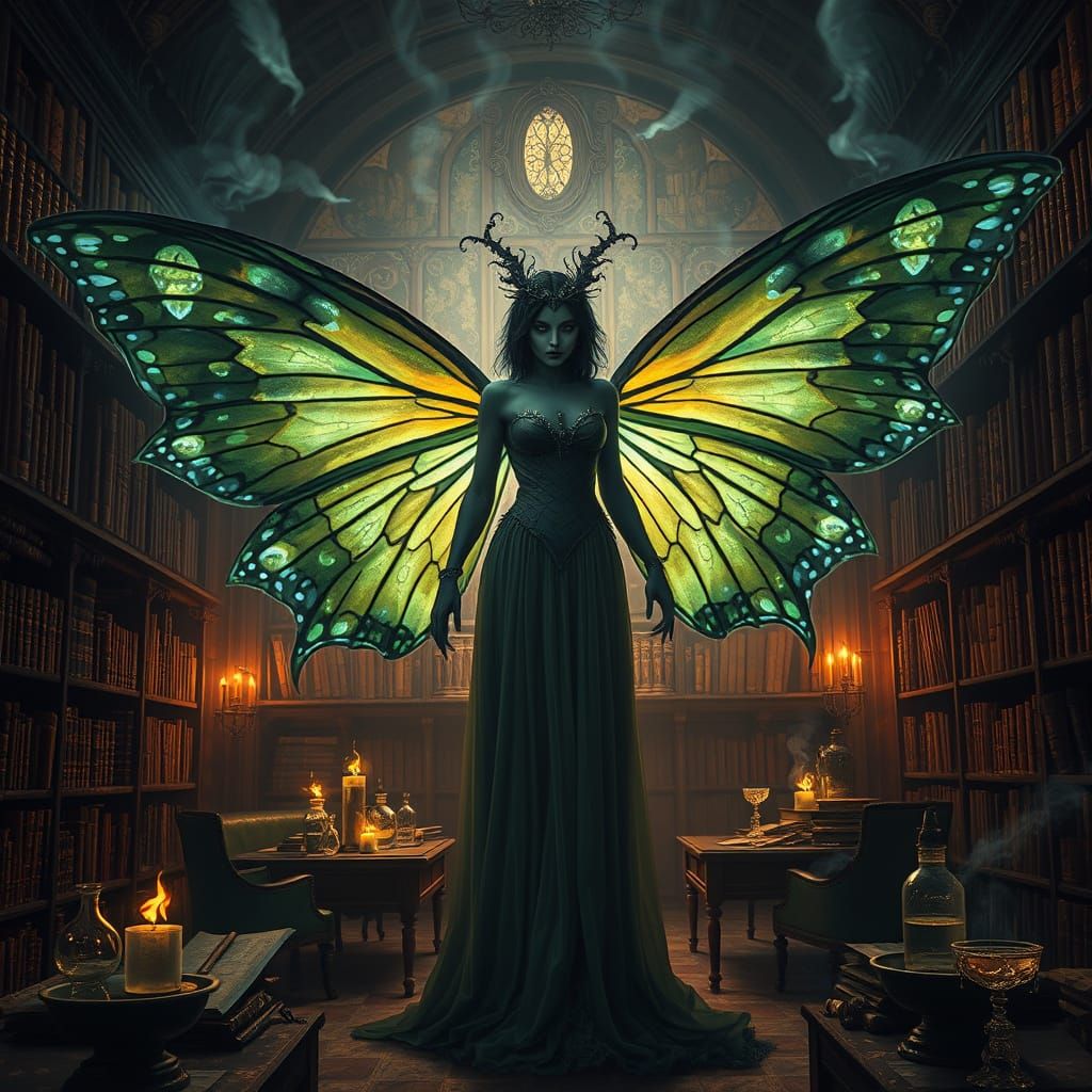 Baroque Sorceress with Bioluminescent Wings in Gothic Librar...