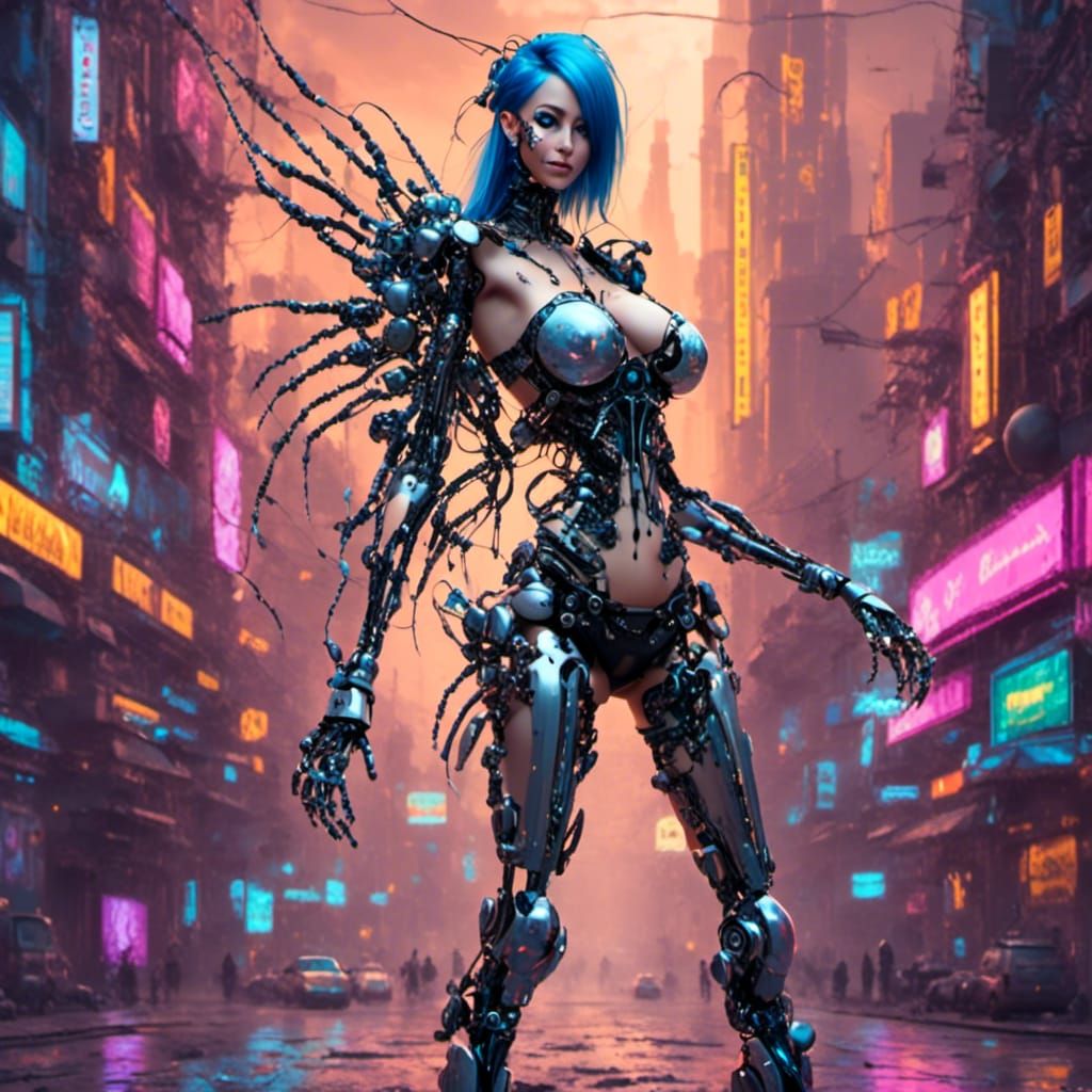 Biopunk Girl with Robotic Limbs and Body Modifications