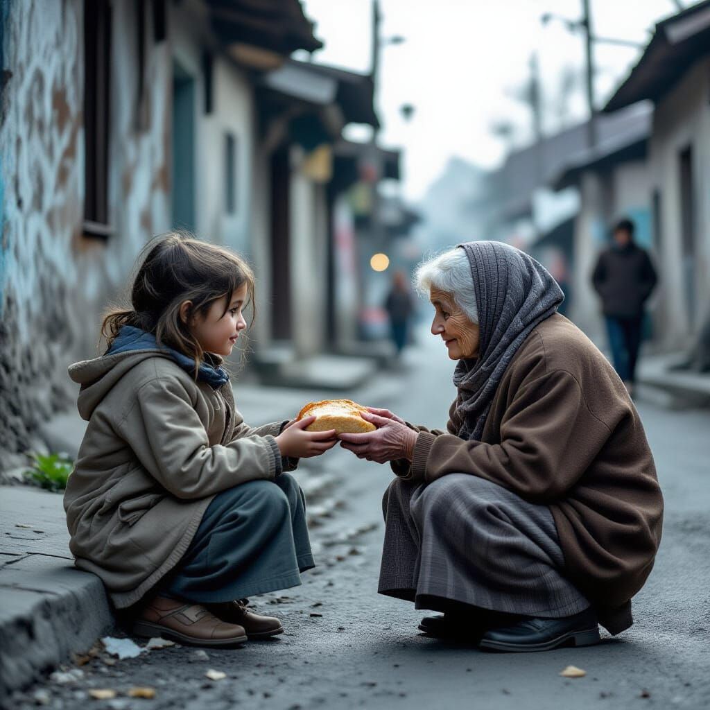 Girl Shares Bread with Old Woman on Gray Street