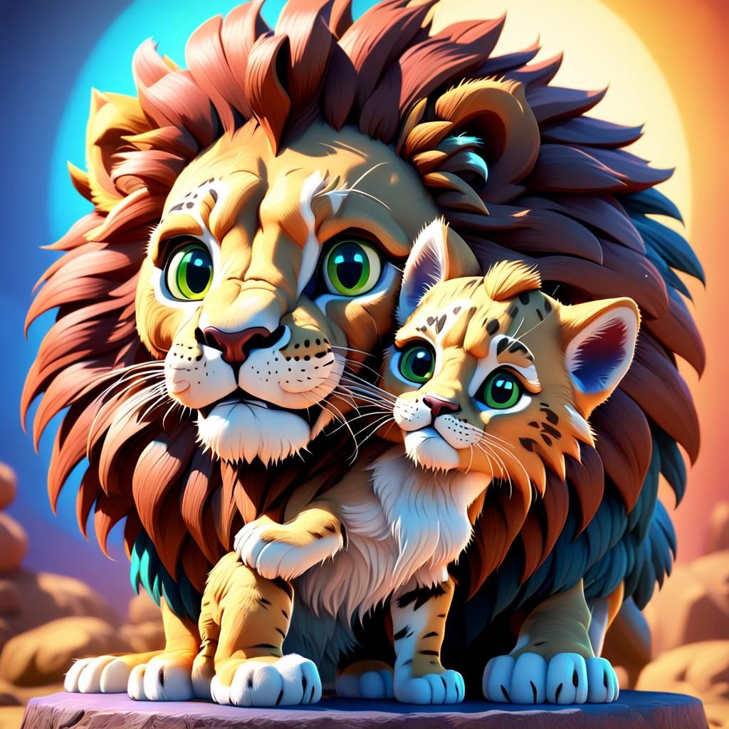 Kitten on Lion's Head: Pixar-Style 3D Rendering