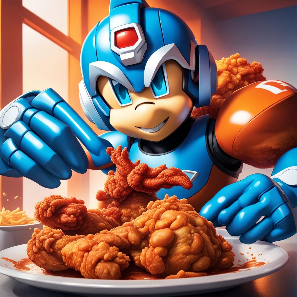 Mega-Man Enjoys Fried Chicken: Hyperrealistic Splash Art