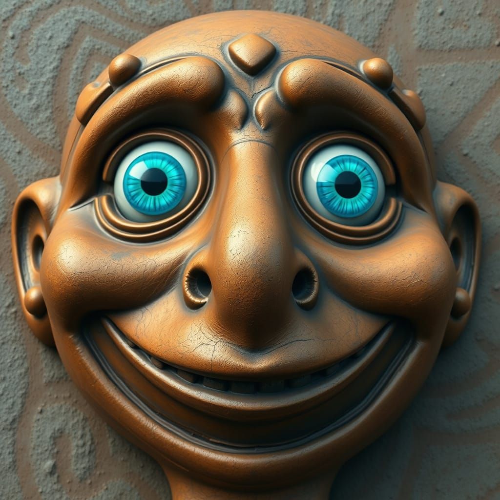 Giant Bronze Three-Eyed Smiley Face Sculpture