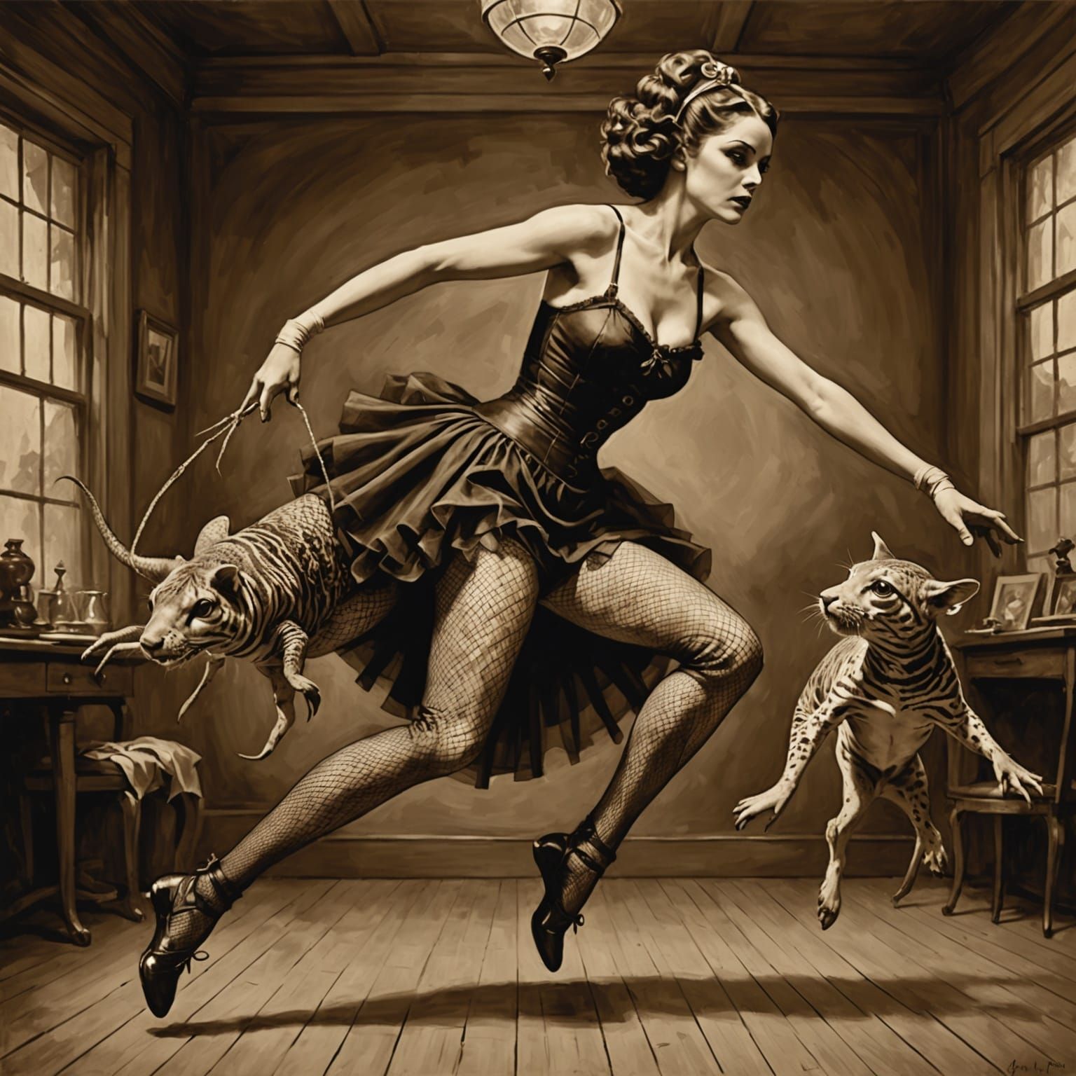 Contortionist's Dance with Animal Companion: Oil Painting