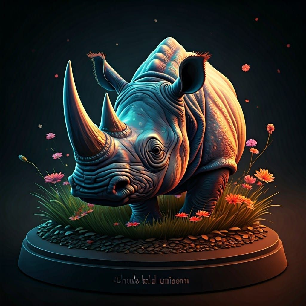 Iridescent Rhinoceros Figurine in Floral Field